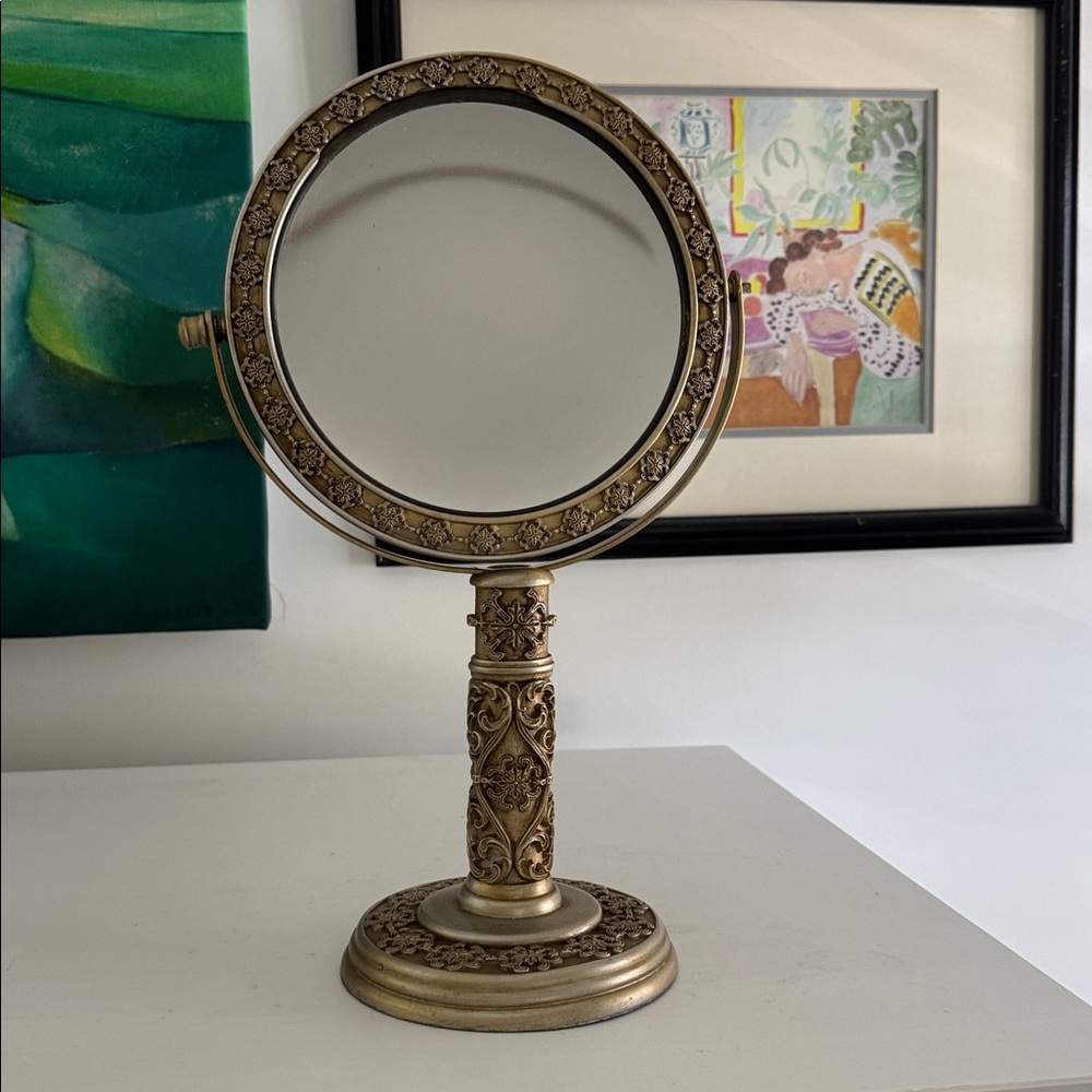 Vintage Gold Tone Two Sided Swivel Round Vanity Stand Alone Make Up Mirror AS IS